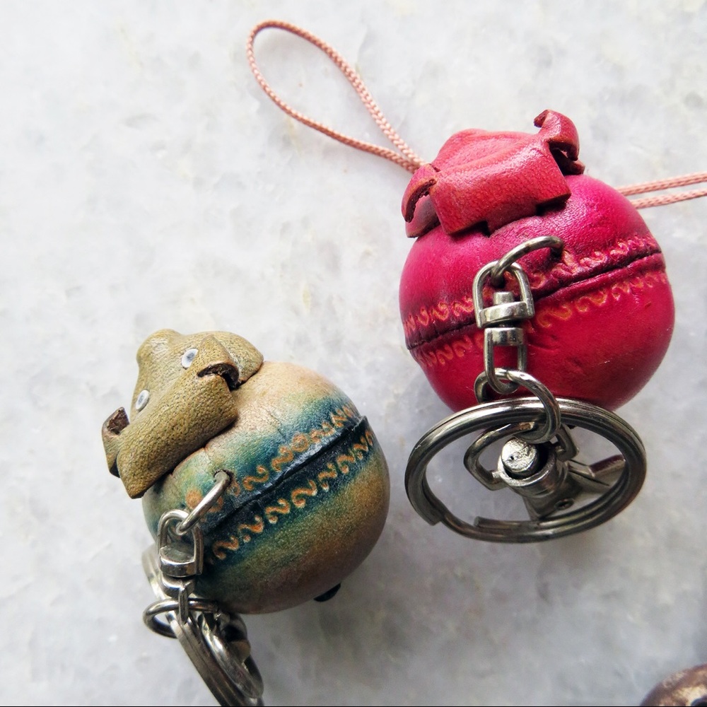 2 Genuine Leather Piglet Key Rings Teal Pink - Picture 5 of 5